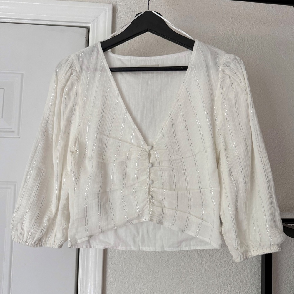 MOTHER white cotton silver metallic pin striped cropped blouse shirt top